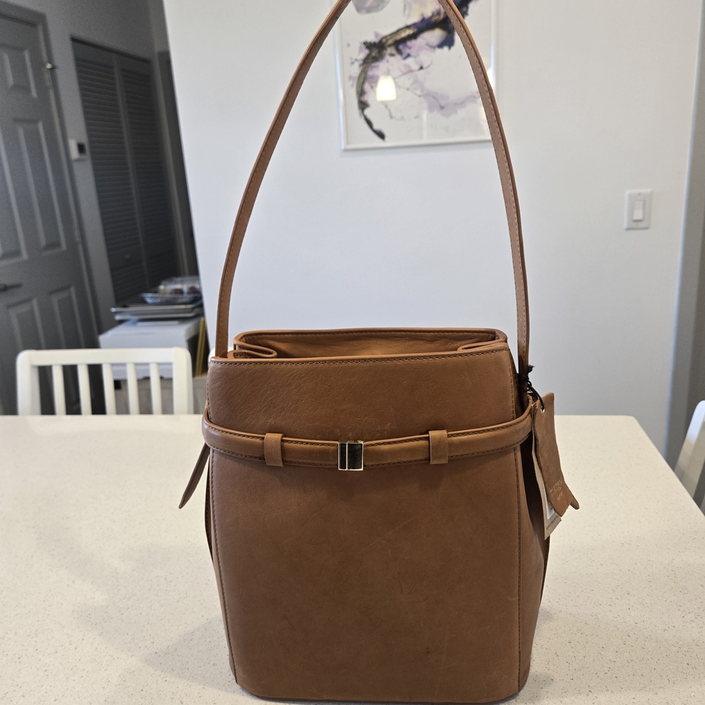 Margot New York Belted Bucket Bag – Tan Leather, MSRP $175
